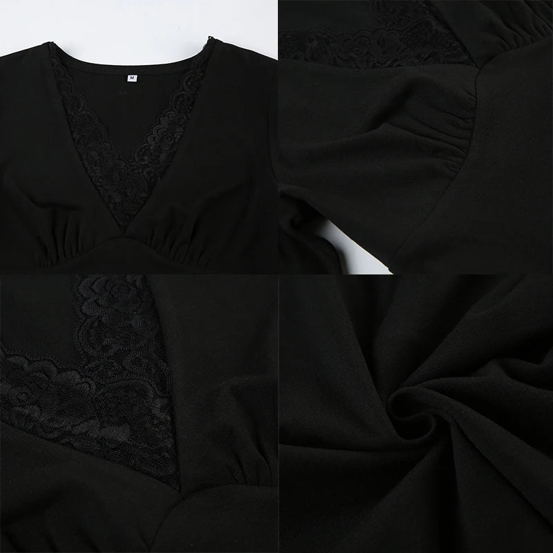 Lace Patchwork Slim Tee Shirt Long Sleeve V-neck Black Top