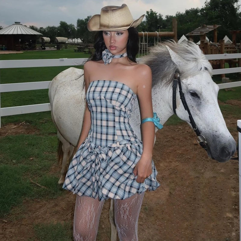 Green Off Shoulder Plaid Mini Dress