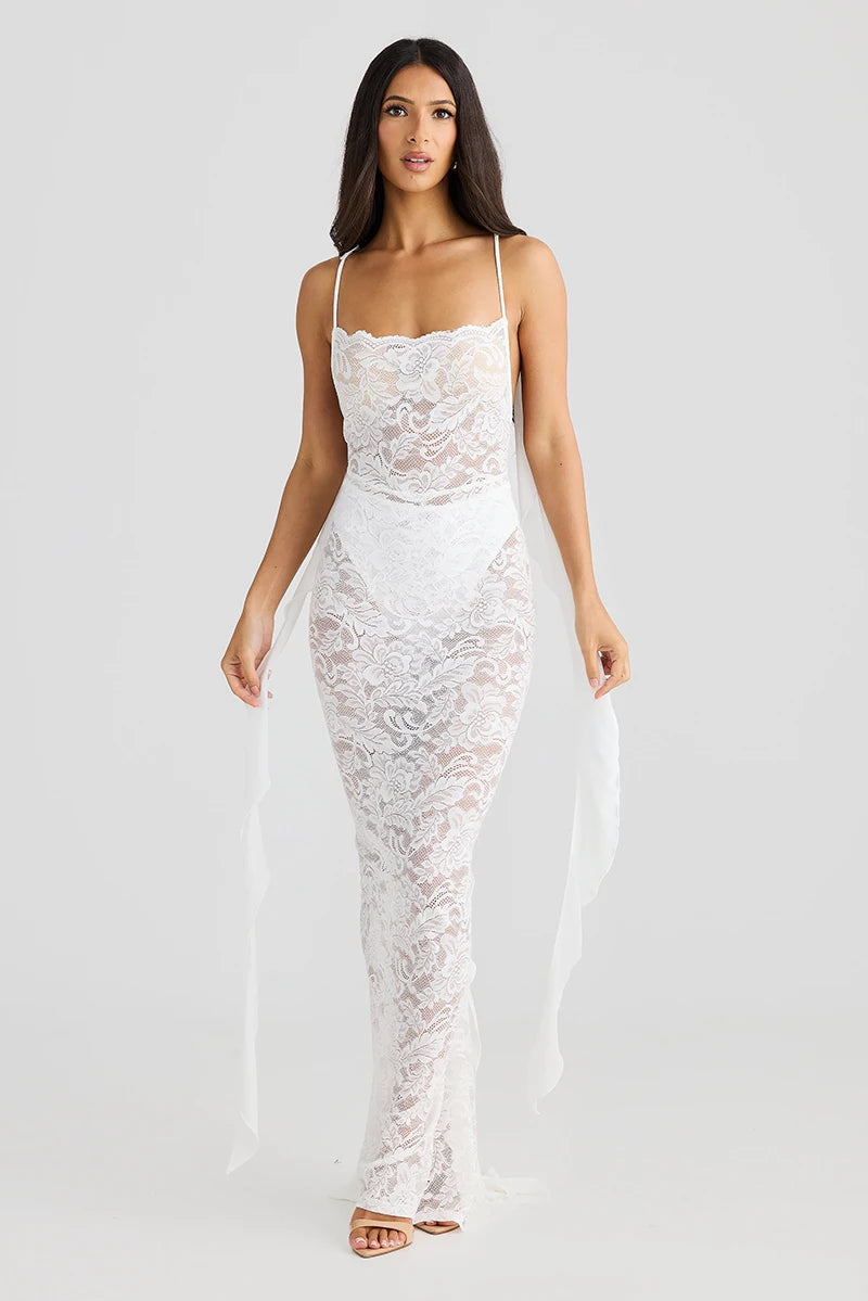 Lace See Through Camisole Maxi Dress For Ribbons Sleeveless Backless Slim Bodycon Long Dress Ladies Robes