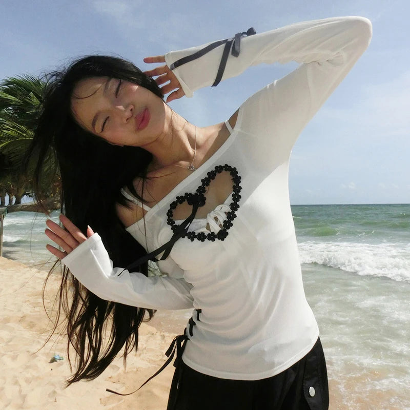 Off Shoulder Hollow Out Heart Design Ribbon Top Long Sleeve Spice Girl Street