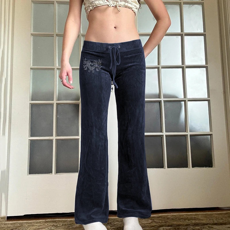 Retro Rhinestone Flare Pants Lace-up Bottoms 's Pants