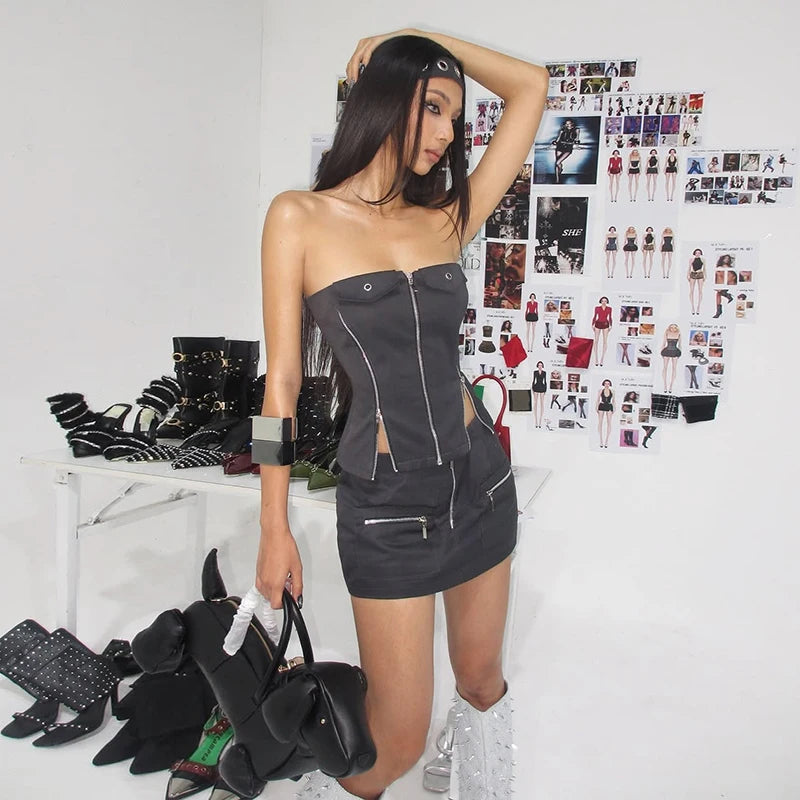 Zipper Two-Piece Set Sleeveless Metal Ring Decoration Wrap Top Mini Bottoms Street Matching Suit