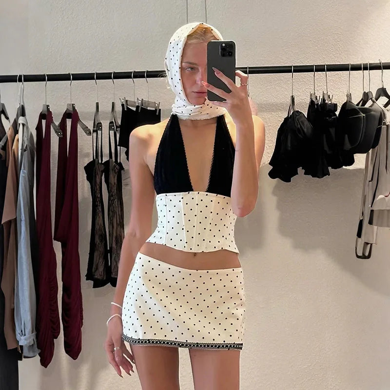 White Polka Dot Deep V-Neck Corset Top and Mini Skirt Set