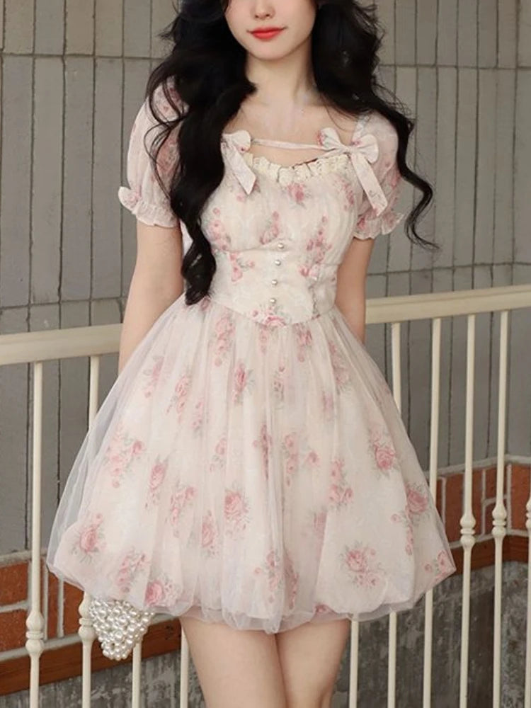 Floral Mini Dress Print French Fairy Dress Korean Cute Mini Dress