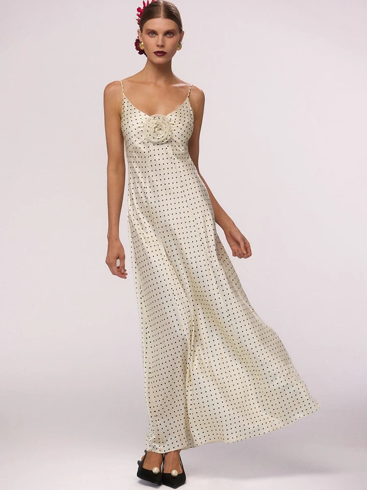 White Polka Dot Backless 3D Flower Slim Maxi Dress