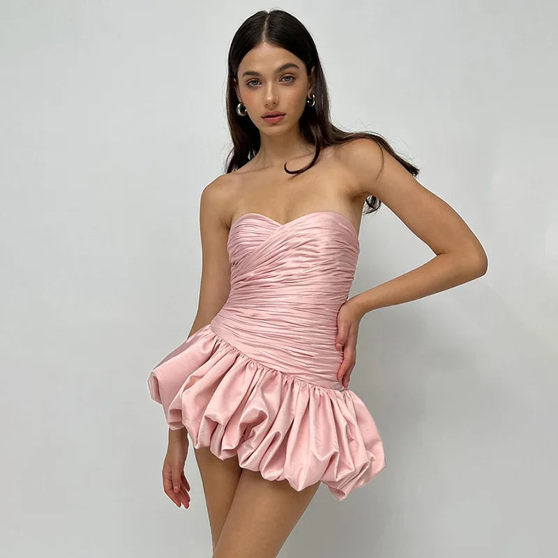 Strapless Backless Bud Dress For Folds Hem Solid Color Patchwork High Waisted Birthday Dress