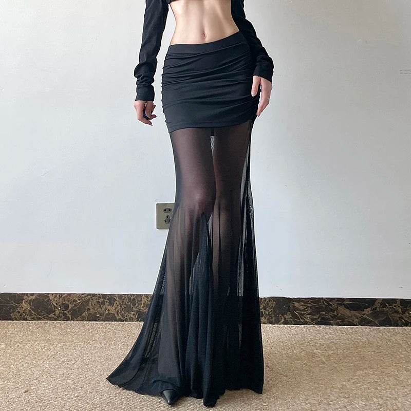 Mesh Skirts Low Waisted Long Black Knitted 's Bottom