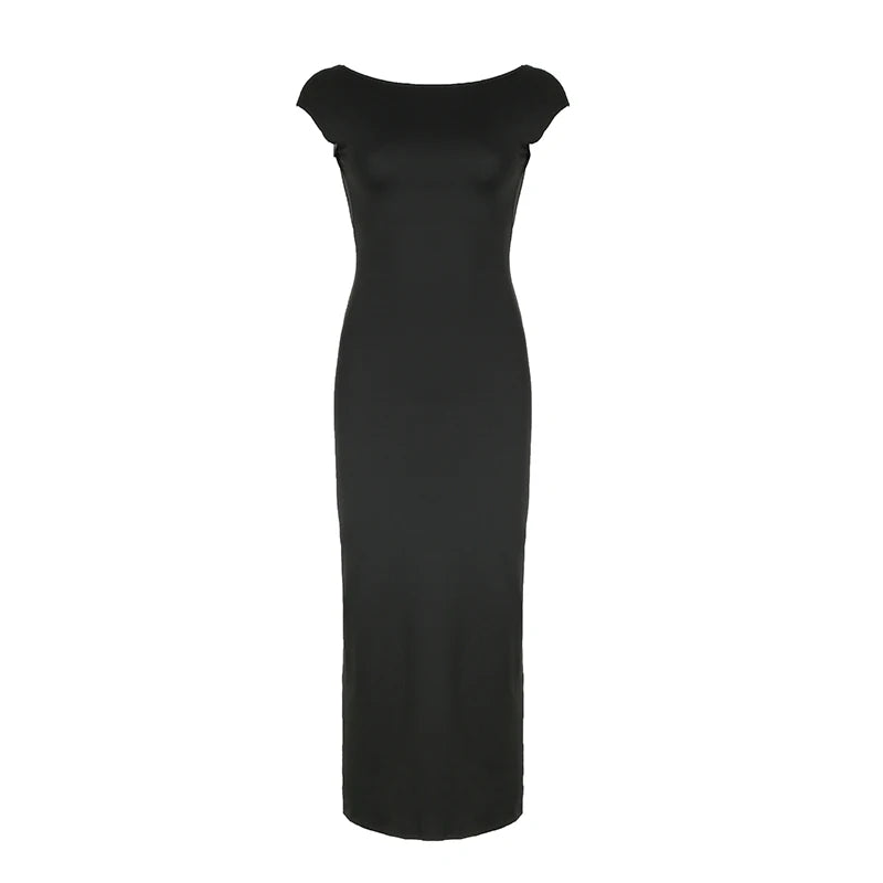 Backless Black Long Dress Slim 's Pullover Short Sleeves