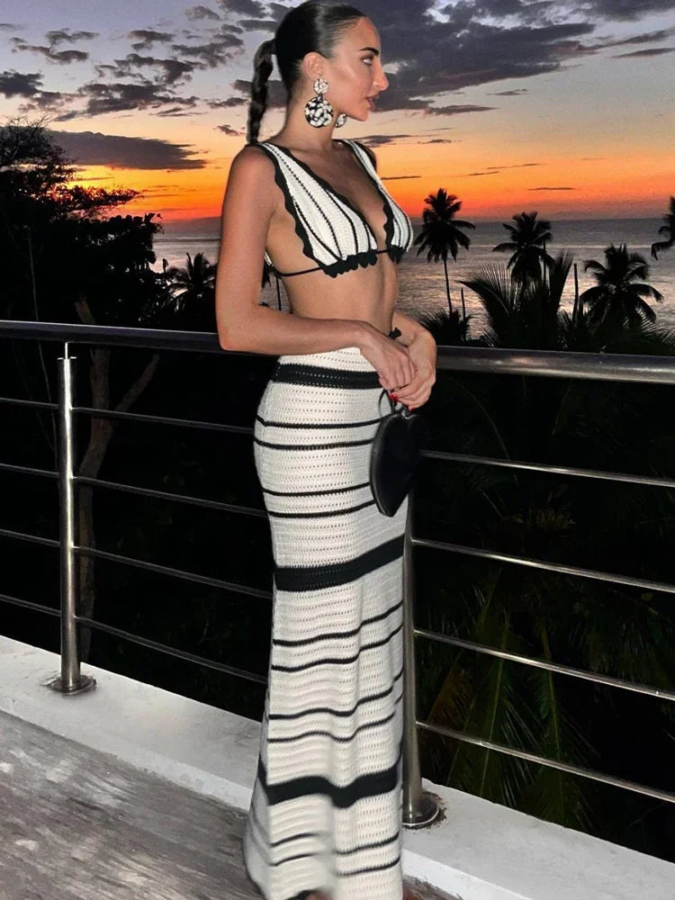 Knit Striped 2 Piece-Set Long Skirt Ruffled V-Neck Contrast Knit Maxi Skirt Sets
