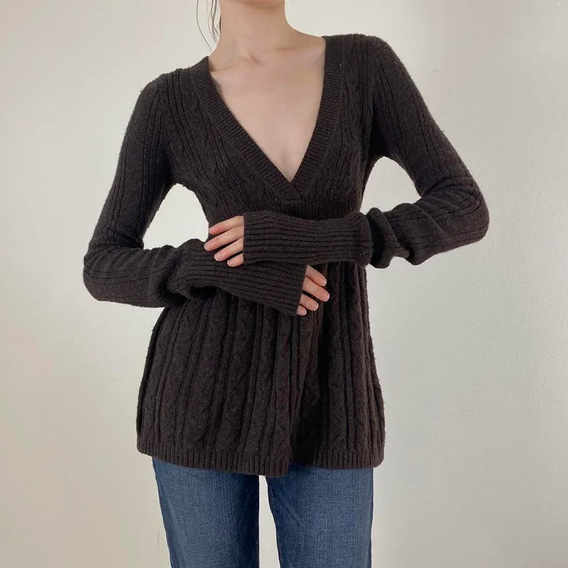 Knitted Sweaters Long Sleeves Slim s Loose Hem Brown Pull Top