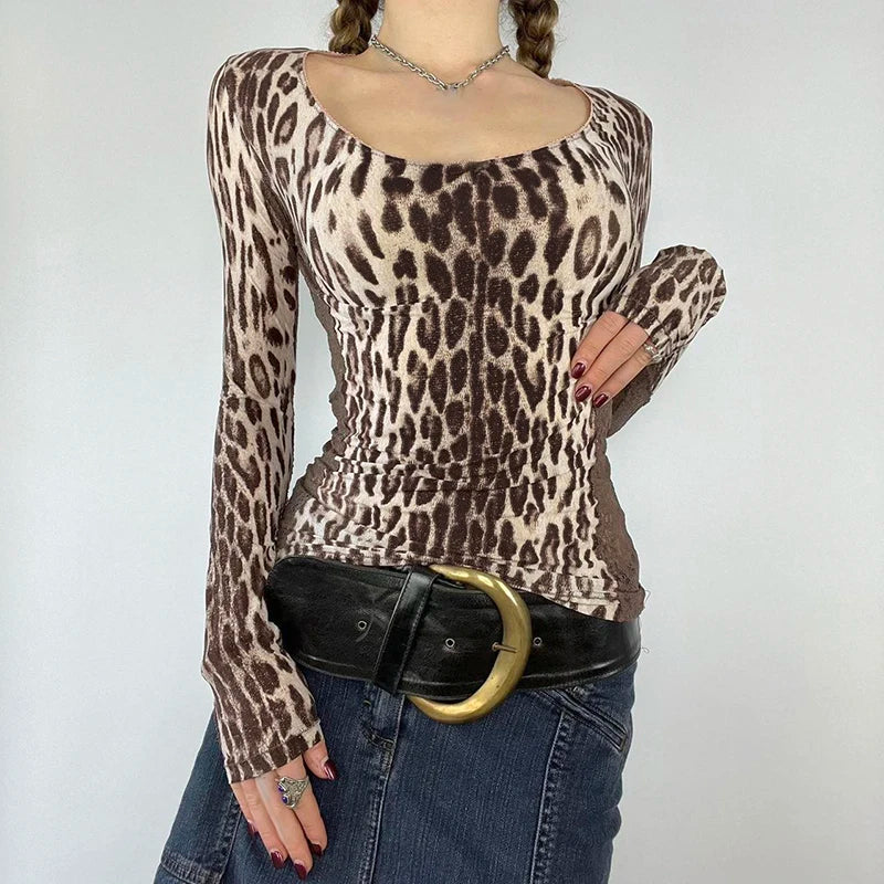 Leopard Print 's Top Tee Lace Patchwork Brown Slim Shirts Long Sleeves Crewneck