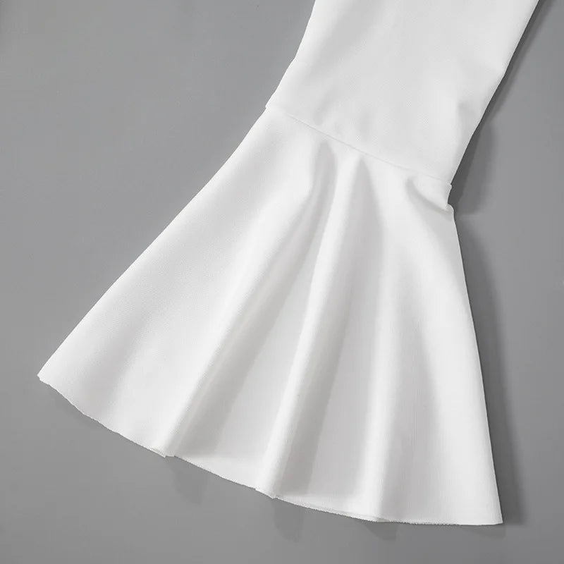 White Deep V Neck Ruffled Dress Long Flare Sleeve Short Dresses Slim