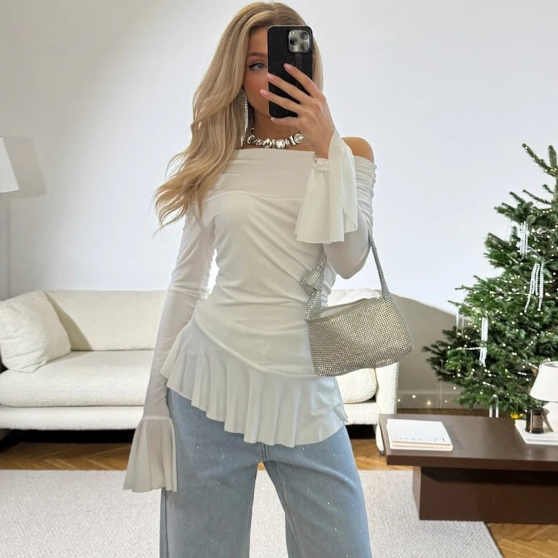 Ruffled Flare Sleeve Off Shoulder Pullover Top