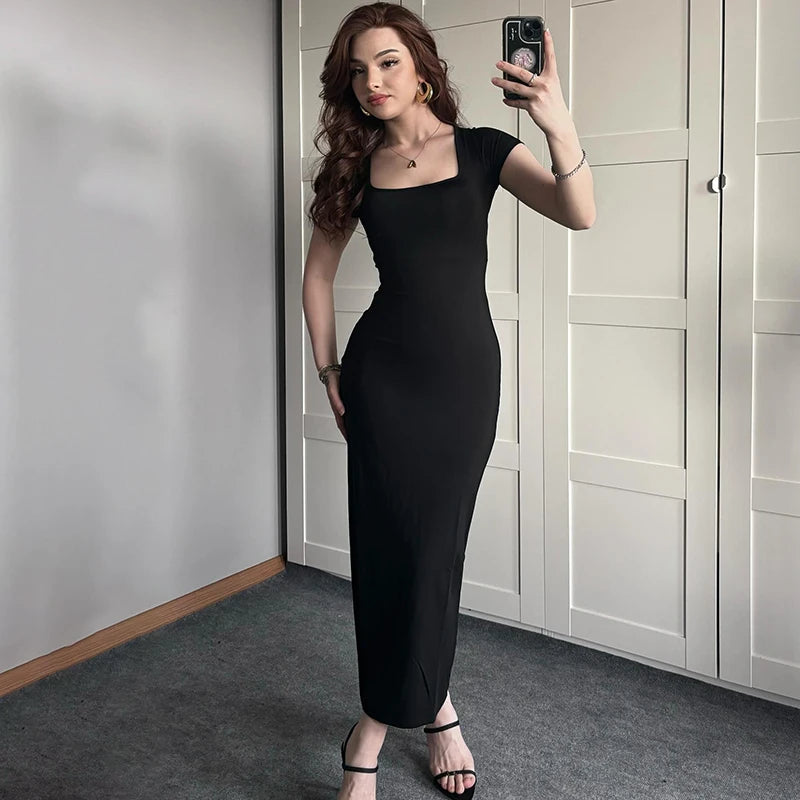 Square Collar Long Dress Short Sleeve Skinny Maxi Dress