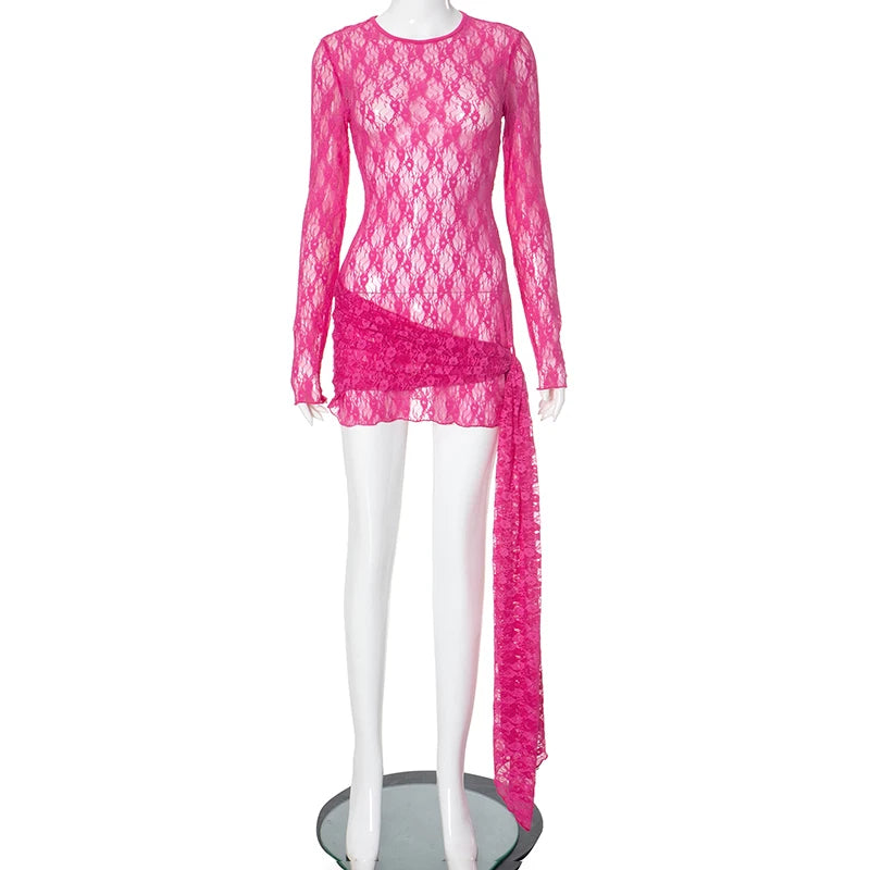 O Neck Long Sleeve Sheer Lace Dress Short Slim-Fit Wrap Dress See Thoough