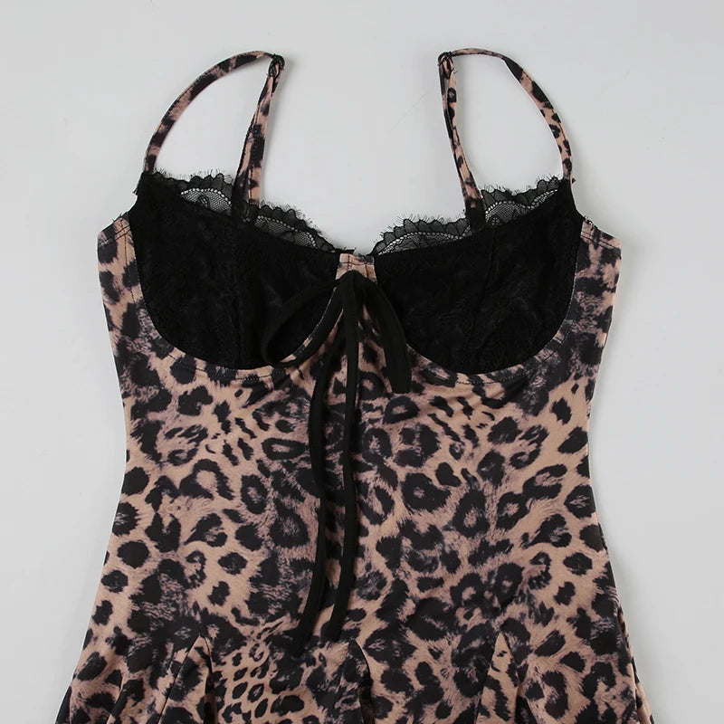 Leopard Print Patchwork Lace Dress Sleeveless Lace Up
