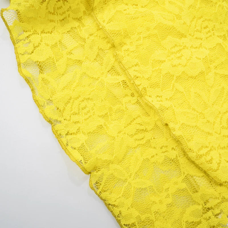 'S Irregular Slant Neck One Shoulder Lace Patchwork See-Through Top Mini Skirt Two Pieces Set