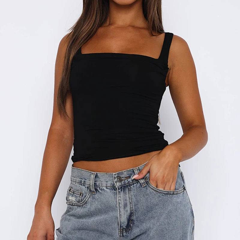 's Tank Top All-matck Sleeveless Crop Square Collar Slim Folds Tee