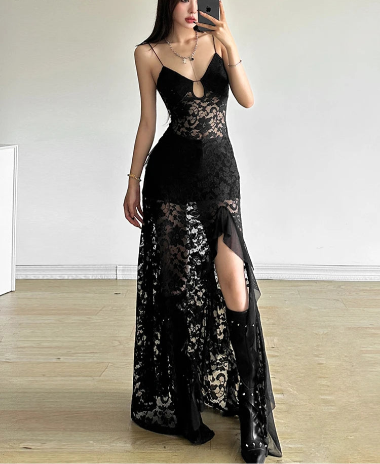 Black See Through Lace Slit Maxi Dress