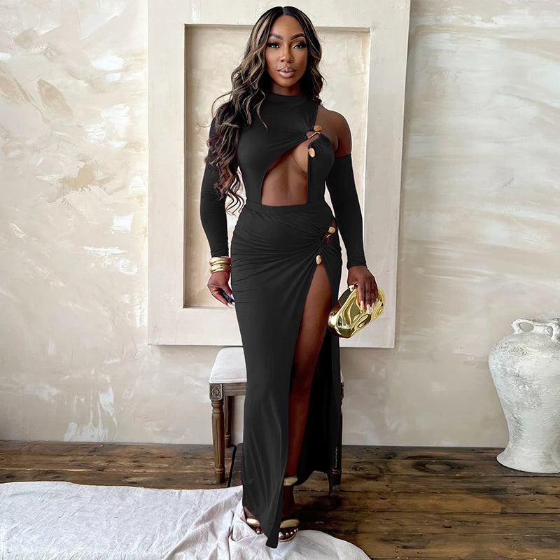 Single Shoulder Half Neck Long Sleeve Hollow Out Bodyuit Split Long Dress Set