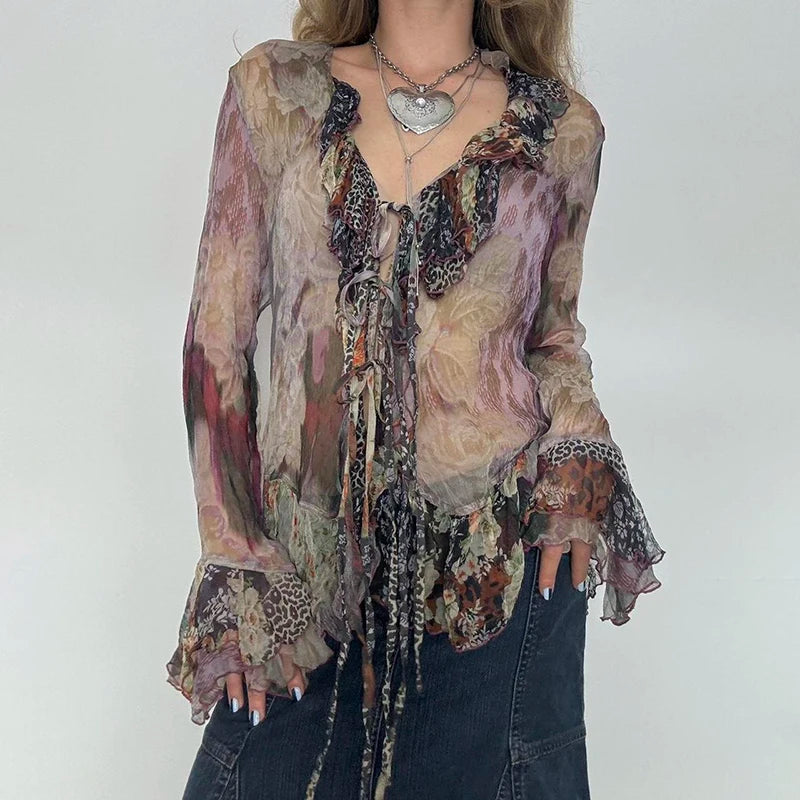 Tie Dye Shirt Ruffle Flare Sleeve Lace-up Retro See-through