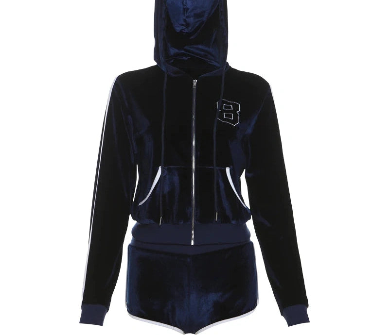 Sporty Two Piece Set Hooded Shirring Zipper Number Print Jacket Contrast Patchwork Mini Shorts Suit