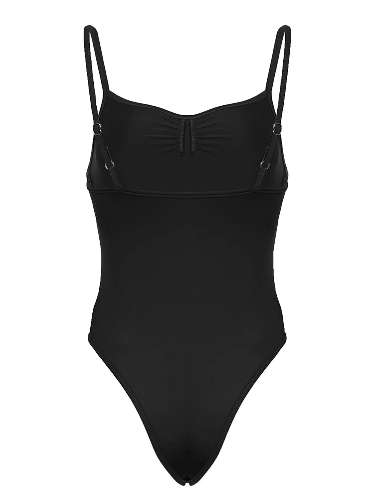 Sleeveless Shirring Spaghetti Strap Bodysuit Black Solid Basic Camisole