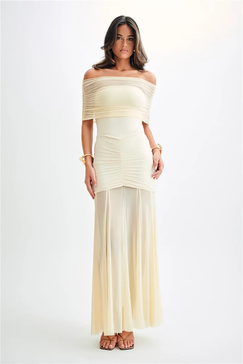 Off Shoulder Ruched Maxi Dress Apricot Backless High Waist Dress