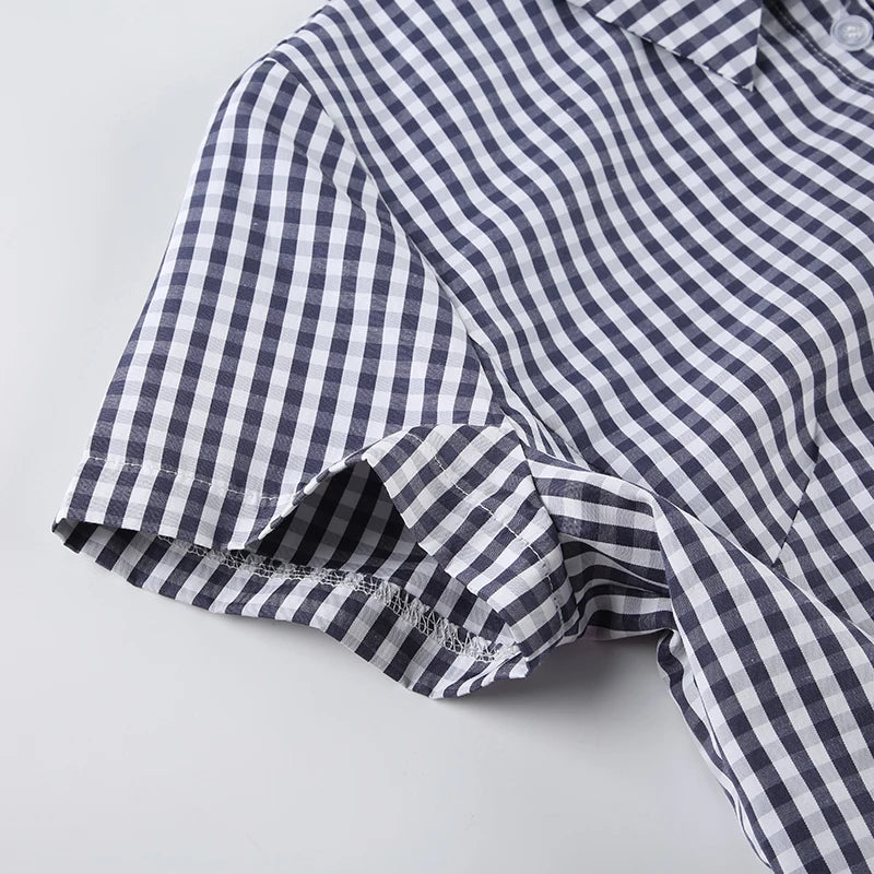 American Retro Short Sleeve Plaid Shirts Button Up Turn Down Collar Preppy Tops
