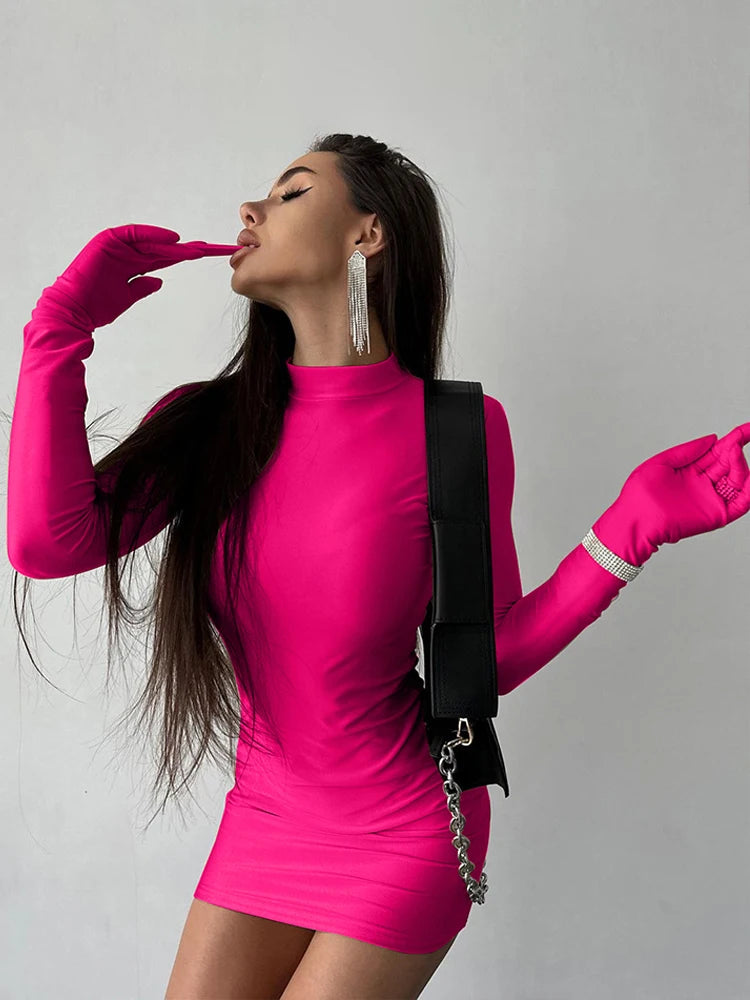 Long Sleeve With Gloves Mini Dress Bodycon Street Half Turtleneck