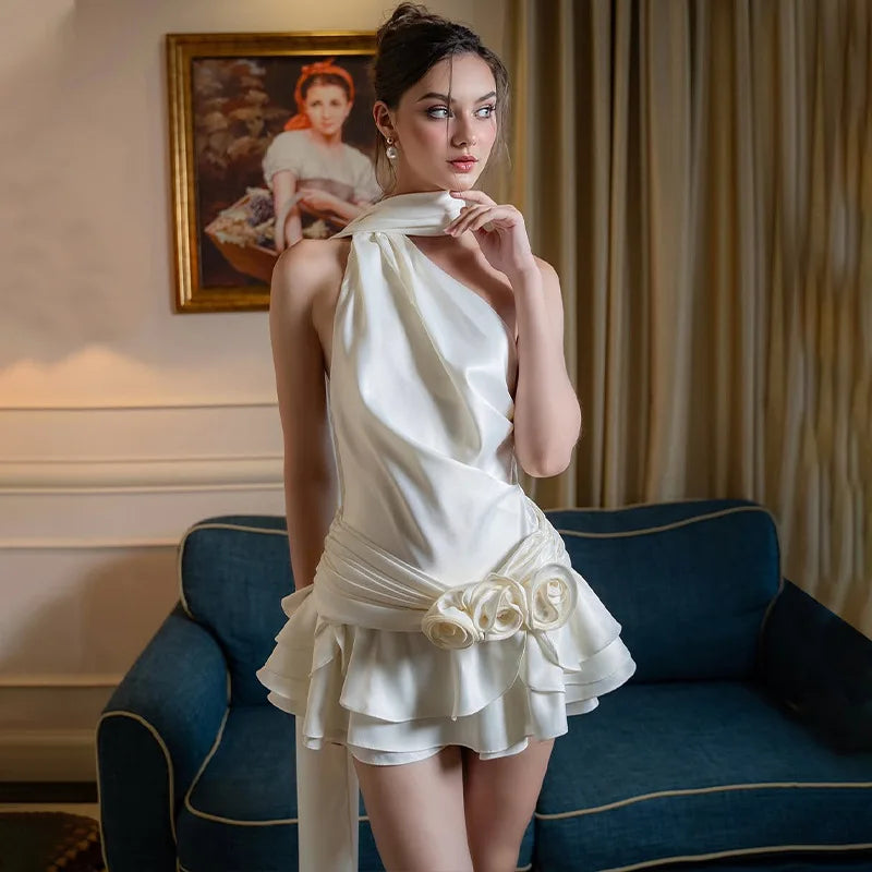 White Satin Backless Mini Dress
