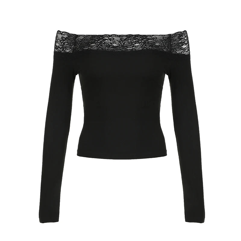 Slash Neck Tshirts Slim Lace Vinatge Long Sleeves Top