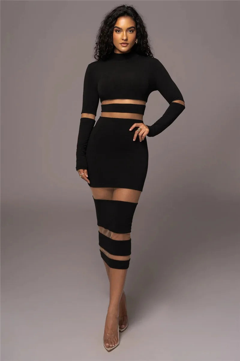 Patchwork Bodycon Midi Dress Turtleneck Long Sleeve Dress