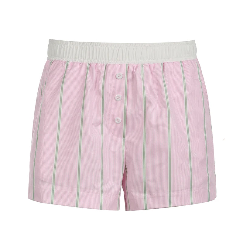 Striped Print Shorts Patchwork Buttons 's Shorts