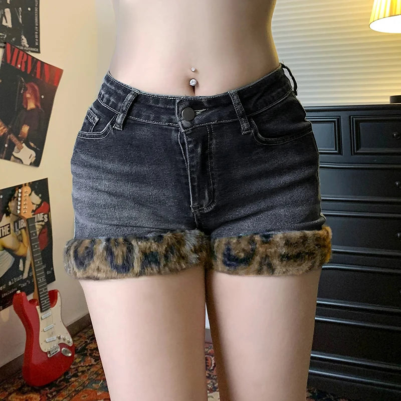 Low Waisted Button Up Mini Shorts Leopard Print Fur Patchwork Bottoms