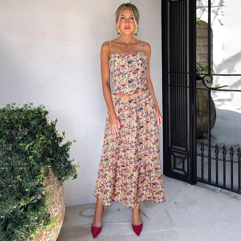 Floral Backless Pleated Two Piece Set