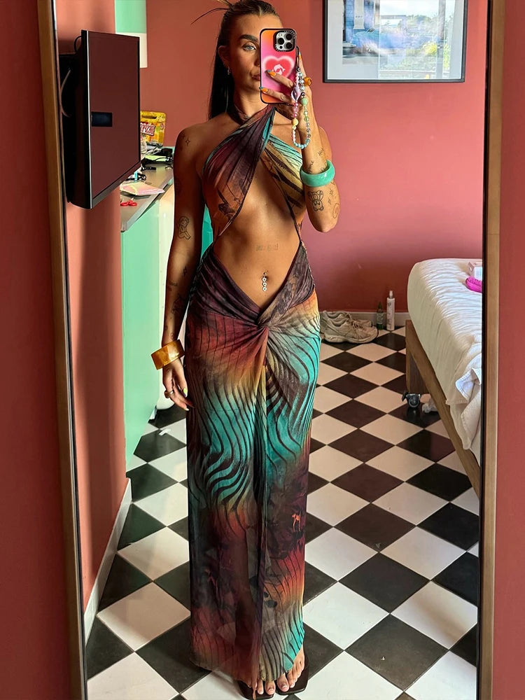 Gradient Colorful Dress Hollow Cross Halter Backless Robe Bodycon