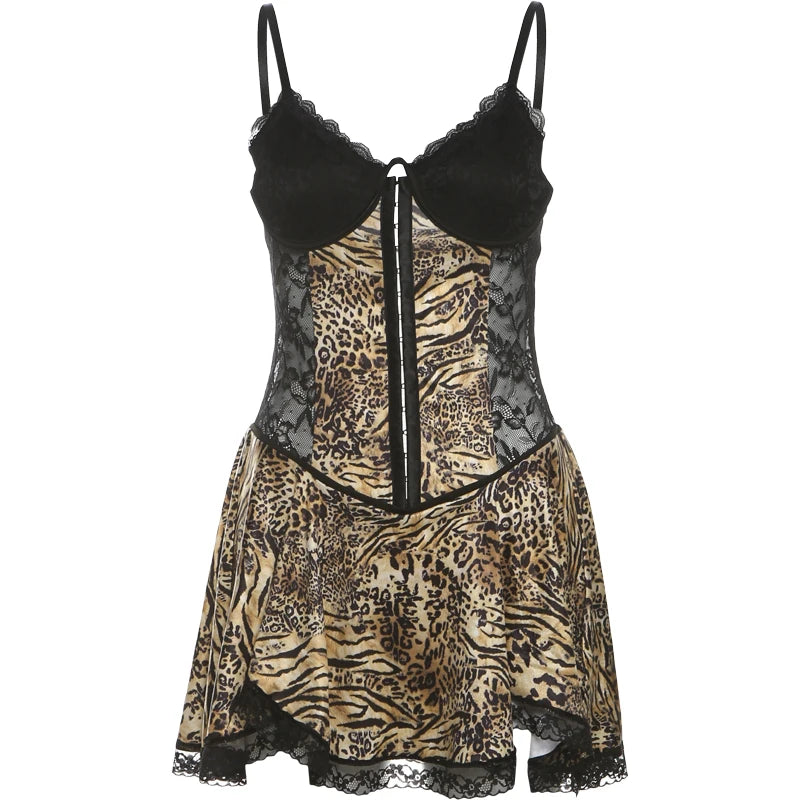 Leopard Print Camis Dress Patchwork Lace Hem Backless Midnight Bodycon
