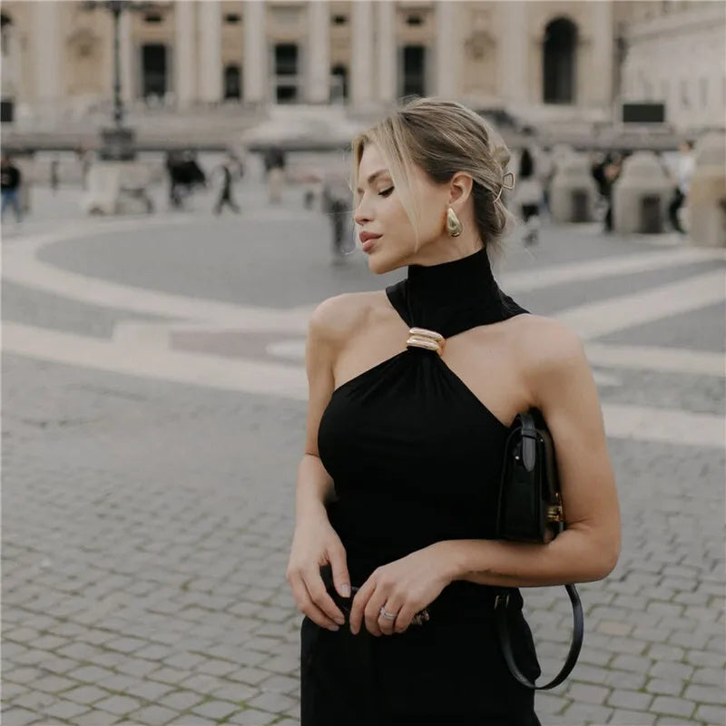 Turtleneck Knit Tank Top Vest Pullovers Metal Ring Camisole Sleeveless Knitted Top Cropped Top