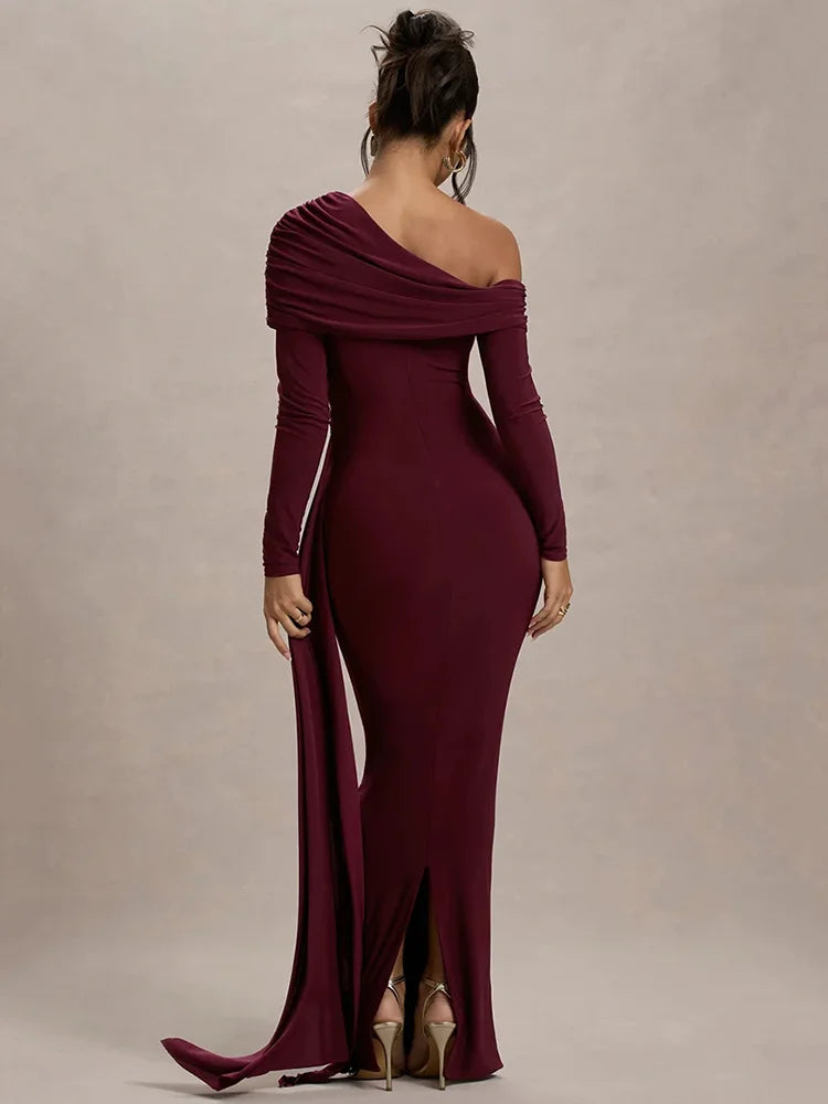 Skew Collar Long Sleeve Maxi Dress Gown Backless Draped Ruched Bodycon Long Dress