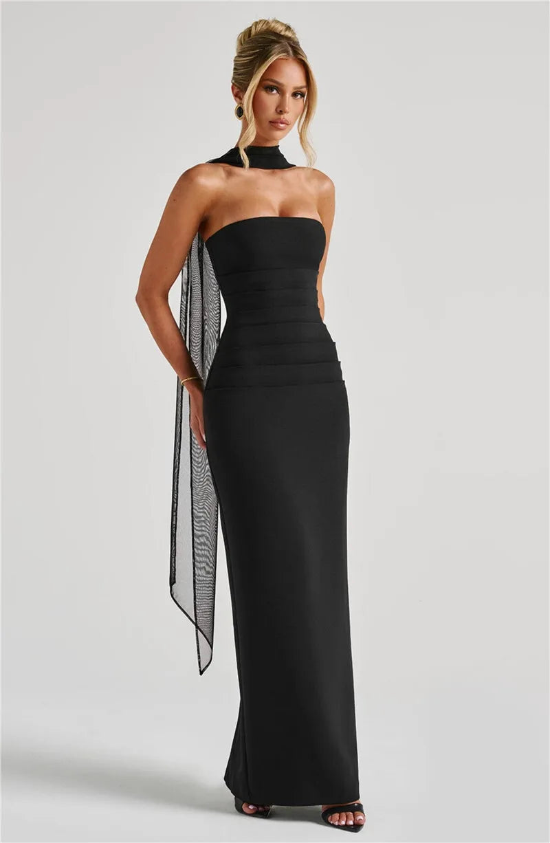 Scarf Collar Backless Bodycon Maxi Dress