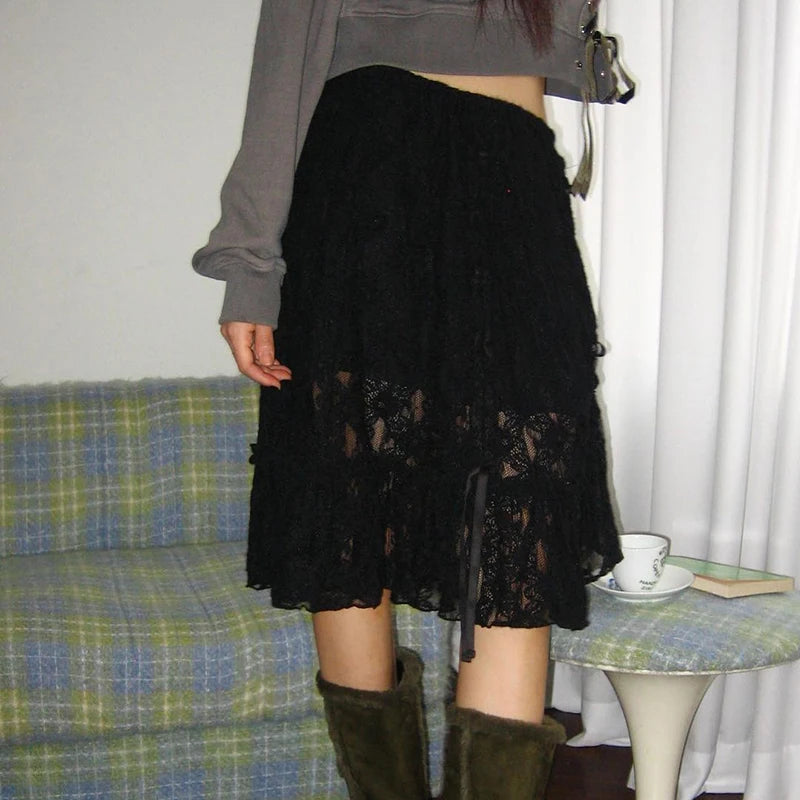 Shirring Long Skirts Knee-Length Lace Bottoms