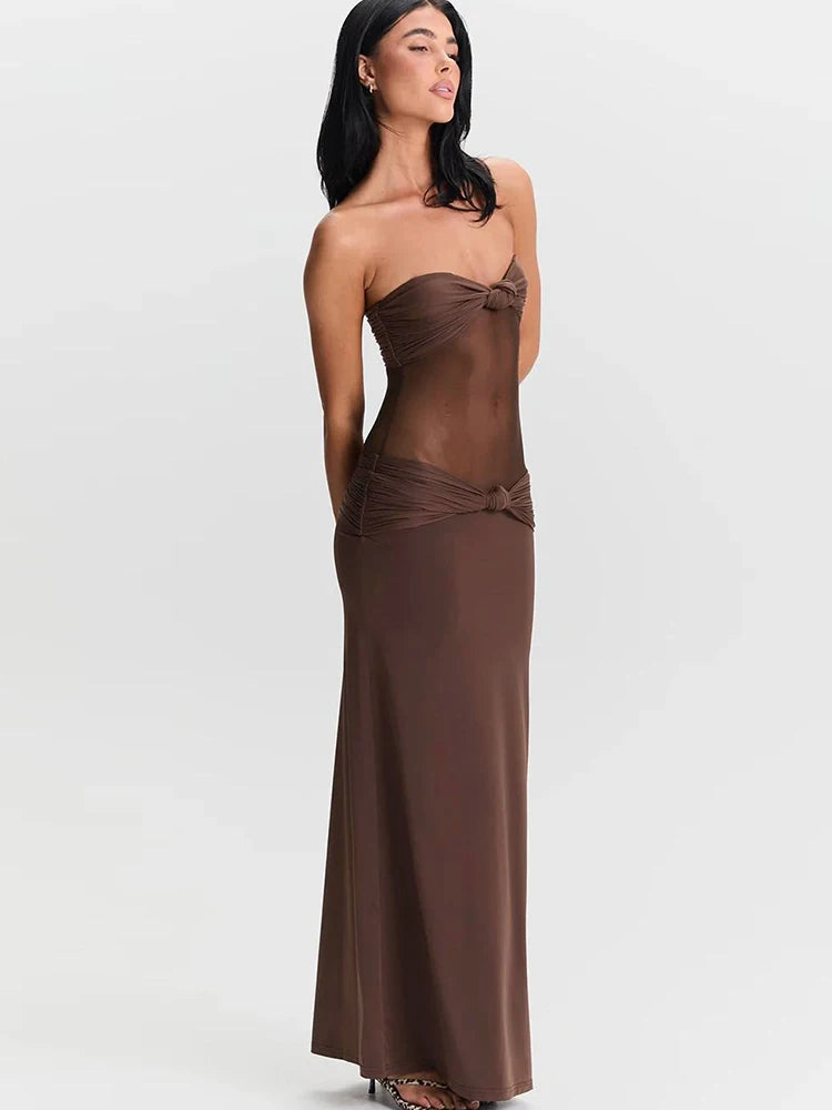 Knot Chest Wrap Dress Ruched Mesh Patchwork Sleeveless Stretch
