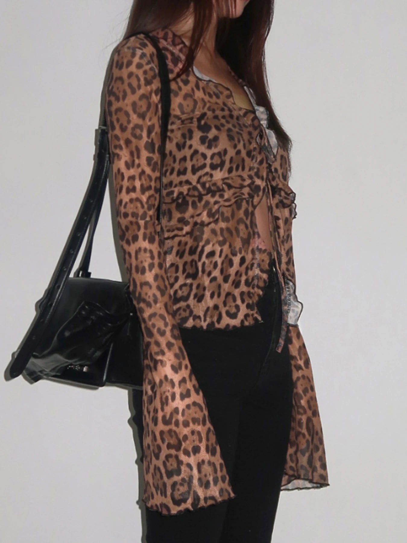 Leopard Meh Ruch Tee Shirt Lace-up Long Sleeve Brown