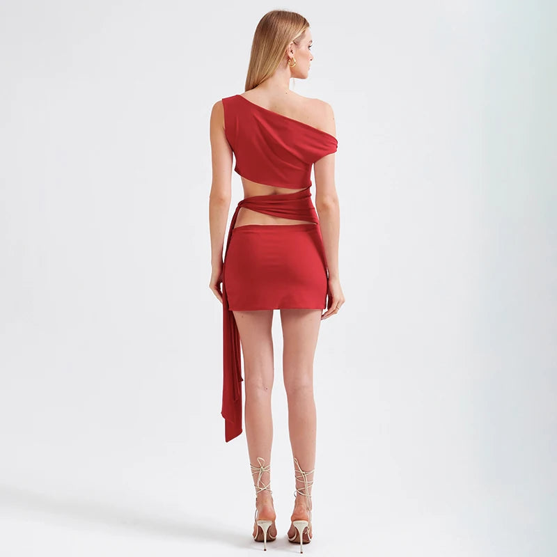 Color Oblique Collar Strapless Sleeveless Slim Tie Short Dress Hollow Out Hip Dress
