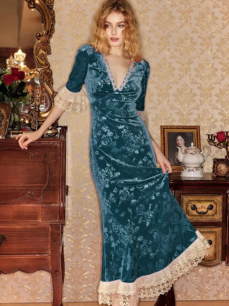 Patchwork Deep V-neck Lace Maxi Dress Short Sleeve ed Floral Dress French