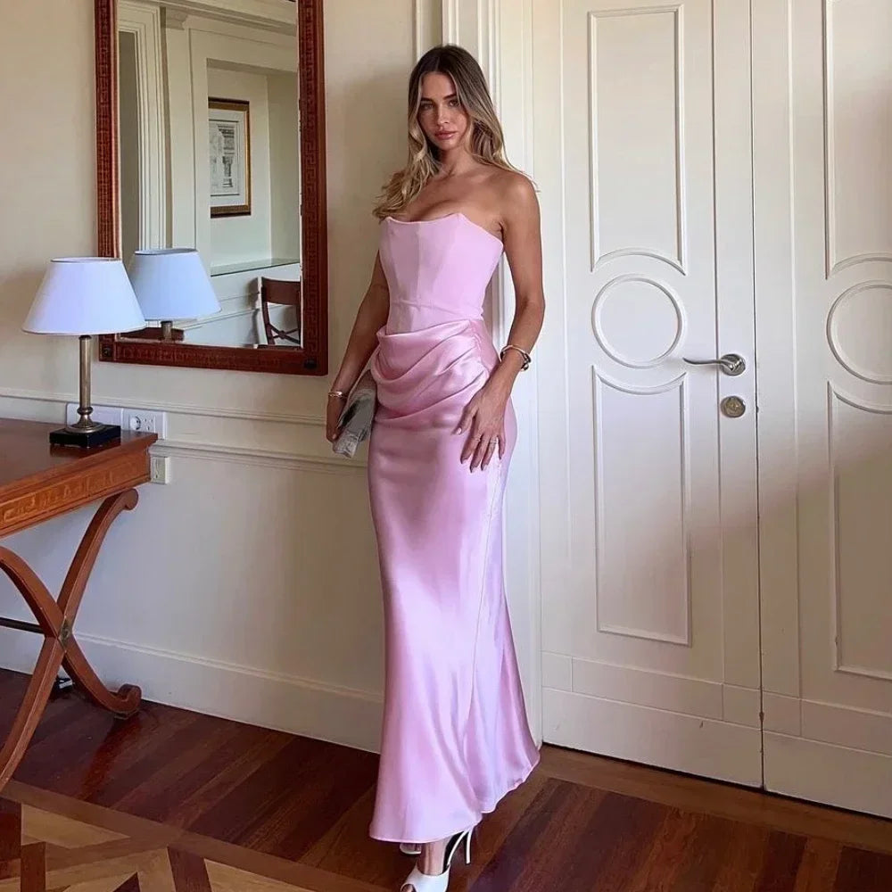 Pink Satin Corset Strapless Maxi Dress