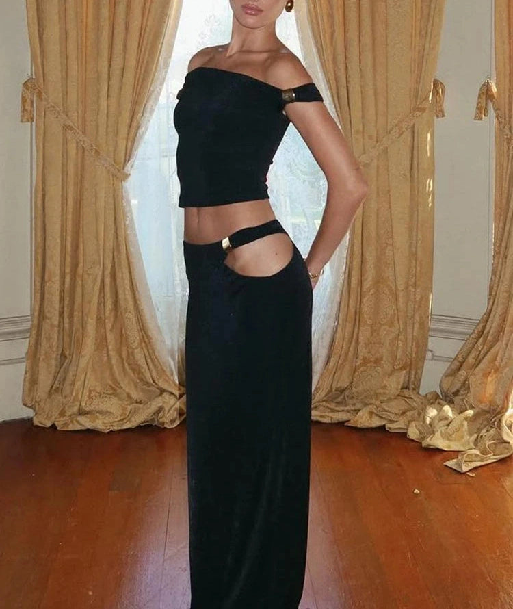 Metallic Knot Two Piece Set Skew Collar Crop Top Hollow Irregular Long Skirt Matching Suits