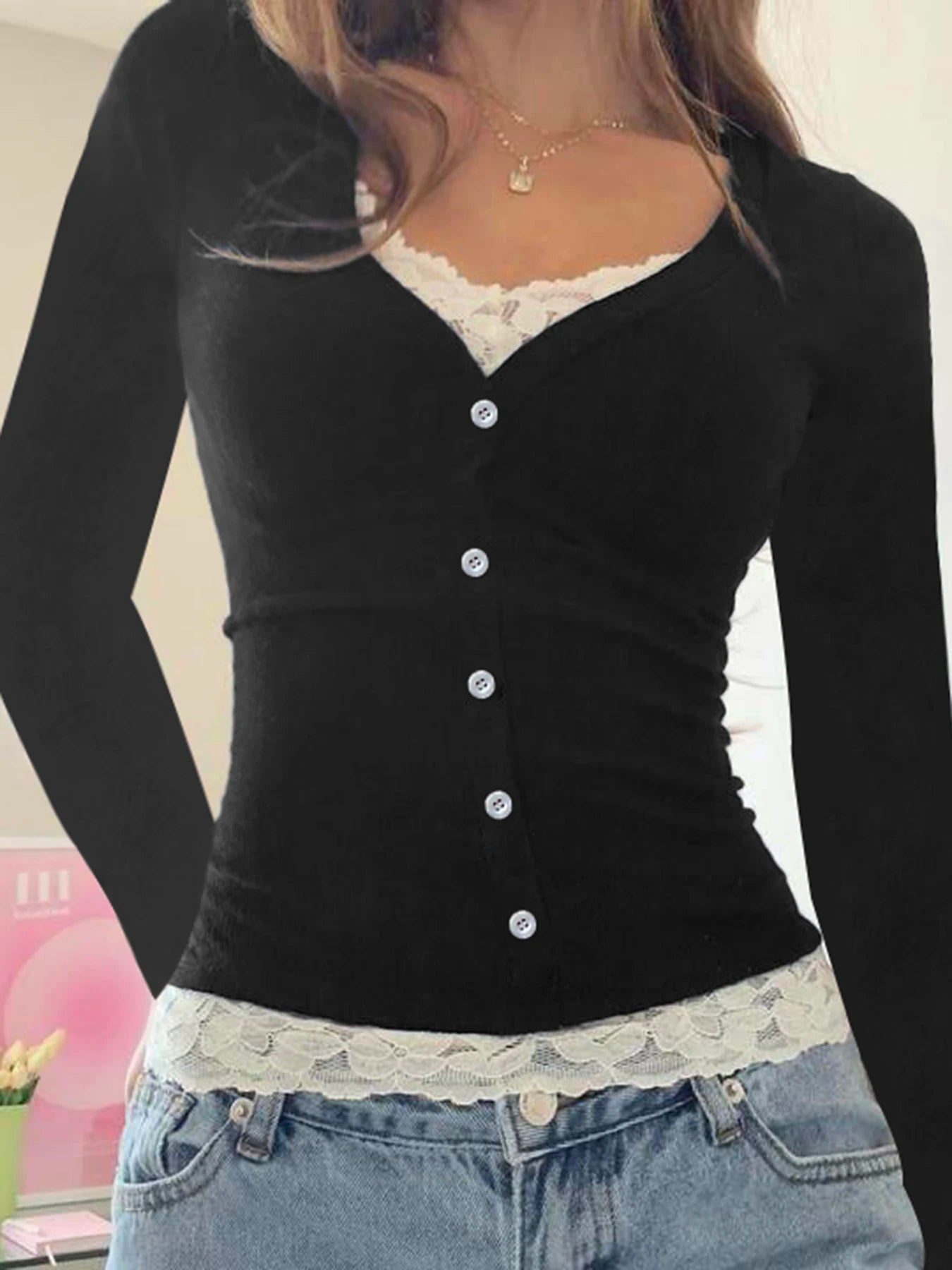 Lace Patchwork Slim Tee Shirt Long Sleeve Button Top