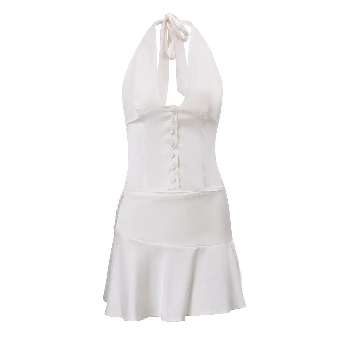 Halter Satin Deep V-neck Crop Top Button Mini Skirt Two Piece Set